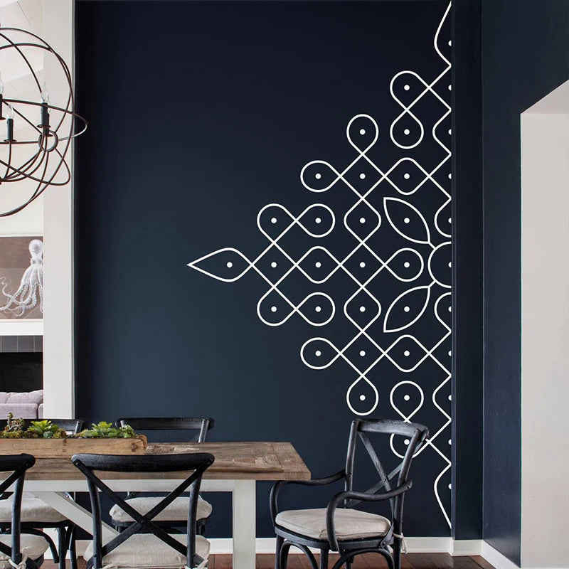 Kolam in Half Wall Sticker Studio, Patterns, Mandala, Removable Vinyl Sticker, Folk Indian Drawing,bedroom decor E726