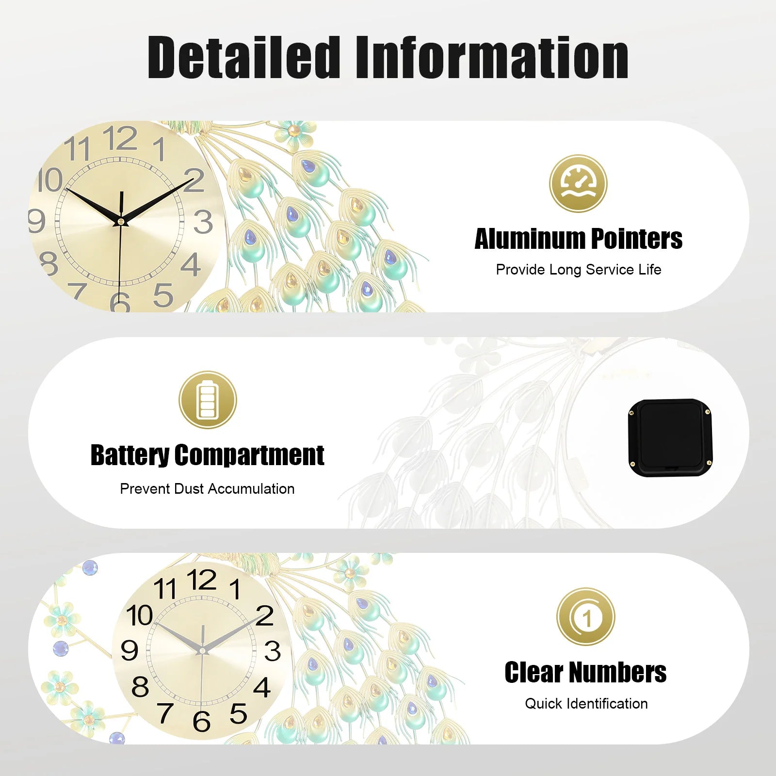 3D European Style Peacock Hanging Clock Wall-mounted Wall Clock Modern Decorative Wall Clock  for Office Home Indoor 70 * 65cm