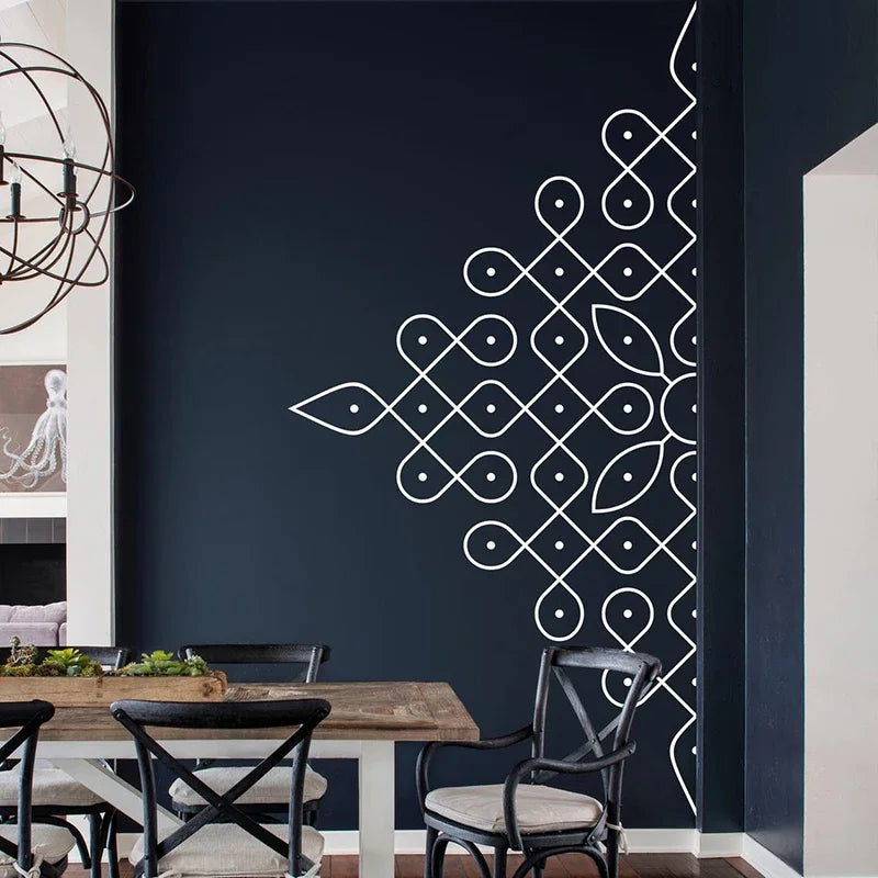 Kolam in Half Wall Sticker Studio, Patterns, Mandala, Removable Vinyl Sticker, Folk Indian Drawing,bedroom decor E726