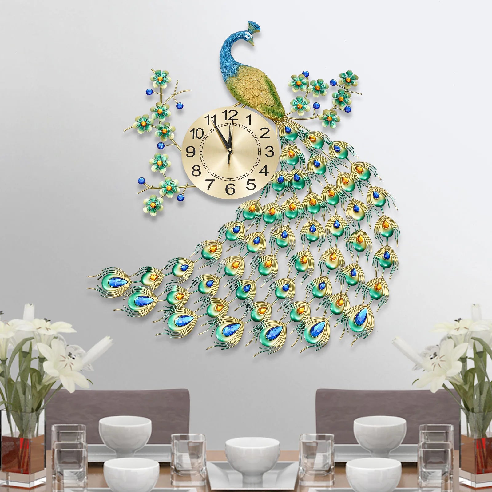 3D European Style Peacock Hanging Clock Wall-mounted Wall Clock Modern Decorative Wall Clock  for Office Home Indoor 70 * 65cm