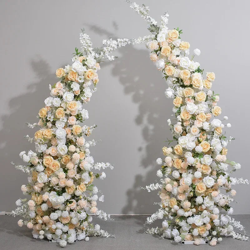 Horn Shape Arch with White Rose Floral Arrangement Wedding Backdrop Decoration Artificial Flower Row Floral Backdrop Decor