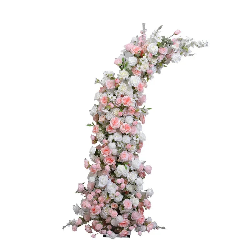 Horn Shape Arch with White Rose Floral Arrangement Wedding Backdrop Decoration Artificial Flower Row Floral Backdrop Decor