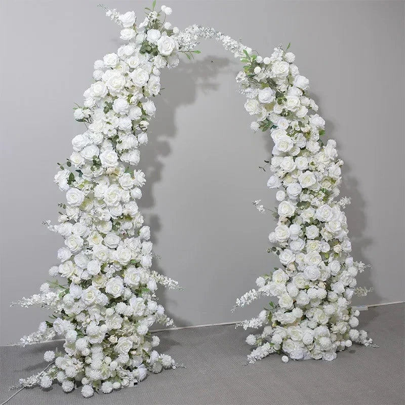 Horn Shape Arch with White Rose Floral Arrangement Wedding Backdrop Decoration Artificial Flower Row Floral Backdrop Decor