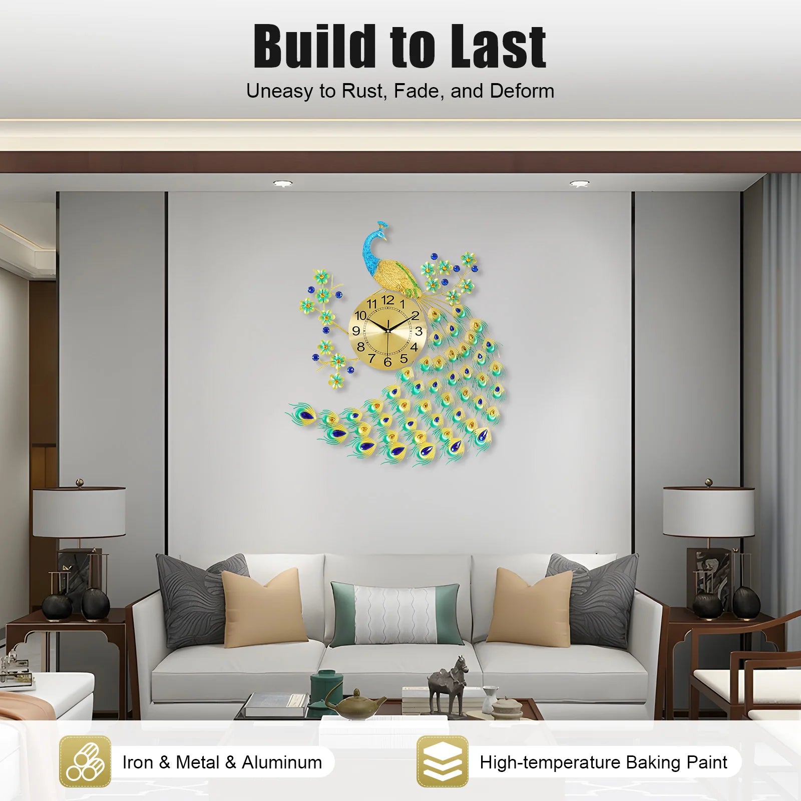 3D European Style Peacock Hanging Clock Wall-mounted Wall Clock Modern Decorative Wall Clock  for Office Home Indoor 70 * 65cm