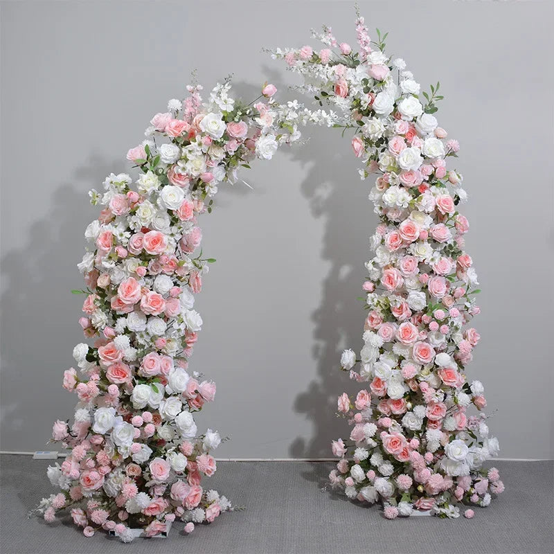 Horn Shape Arch with White Rose Floral Arrangement Wedding Backdrop Decoration Artificial Flower Row Floral Backdrop Decor