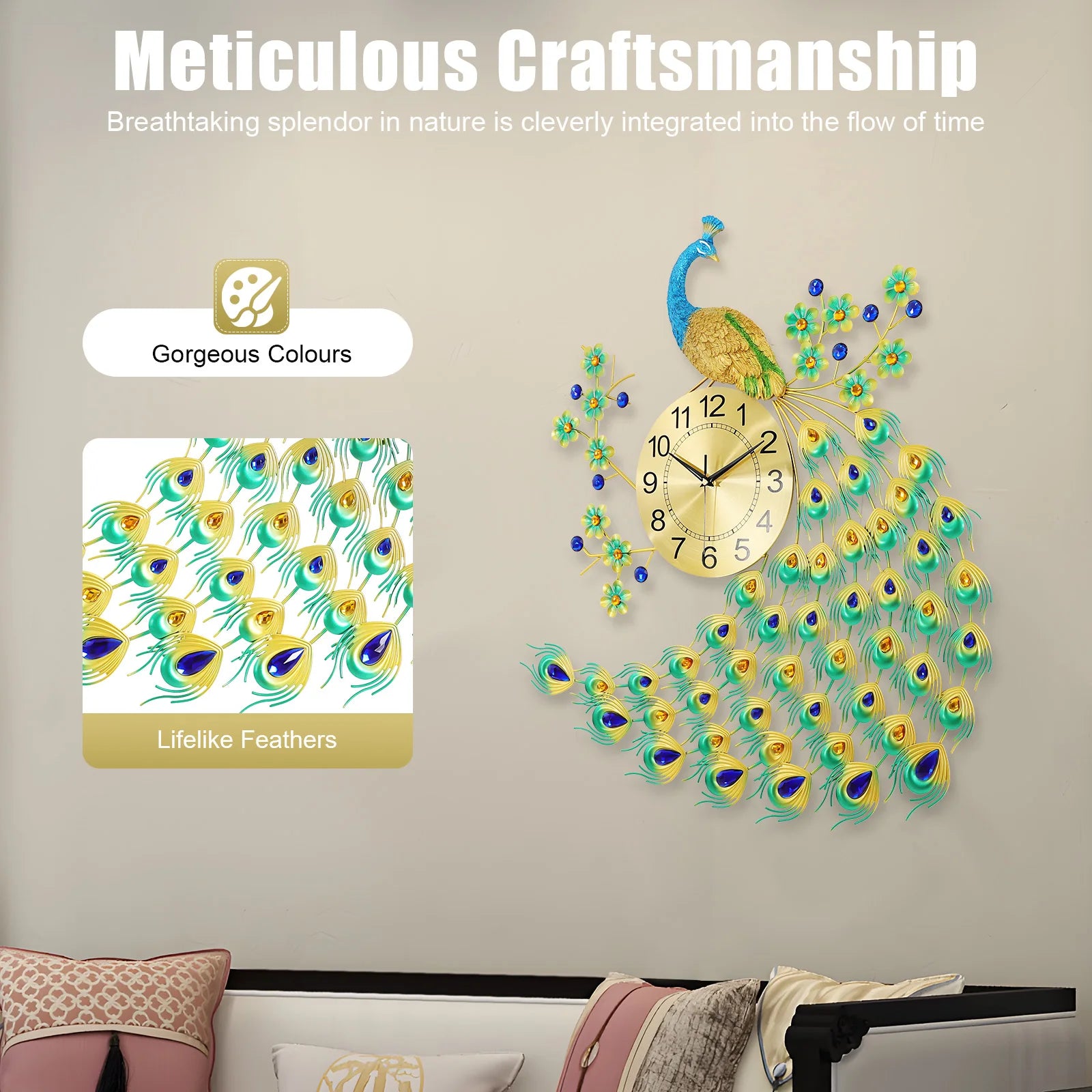 3D European Style Peacock Hanging Clock Wall-mounted Wall Clock Modern Decorative Wall Clock  for Office Home Indoor 70 * 65cm